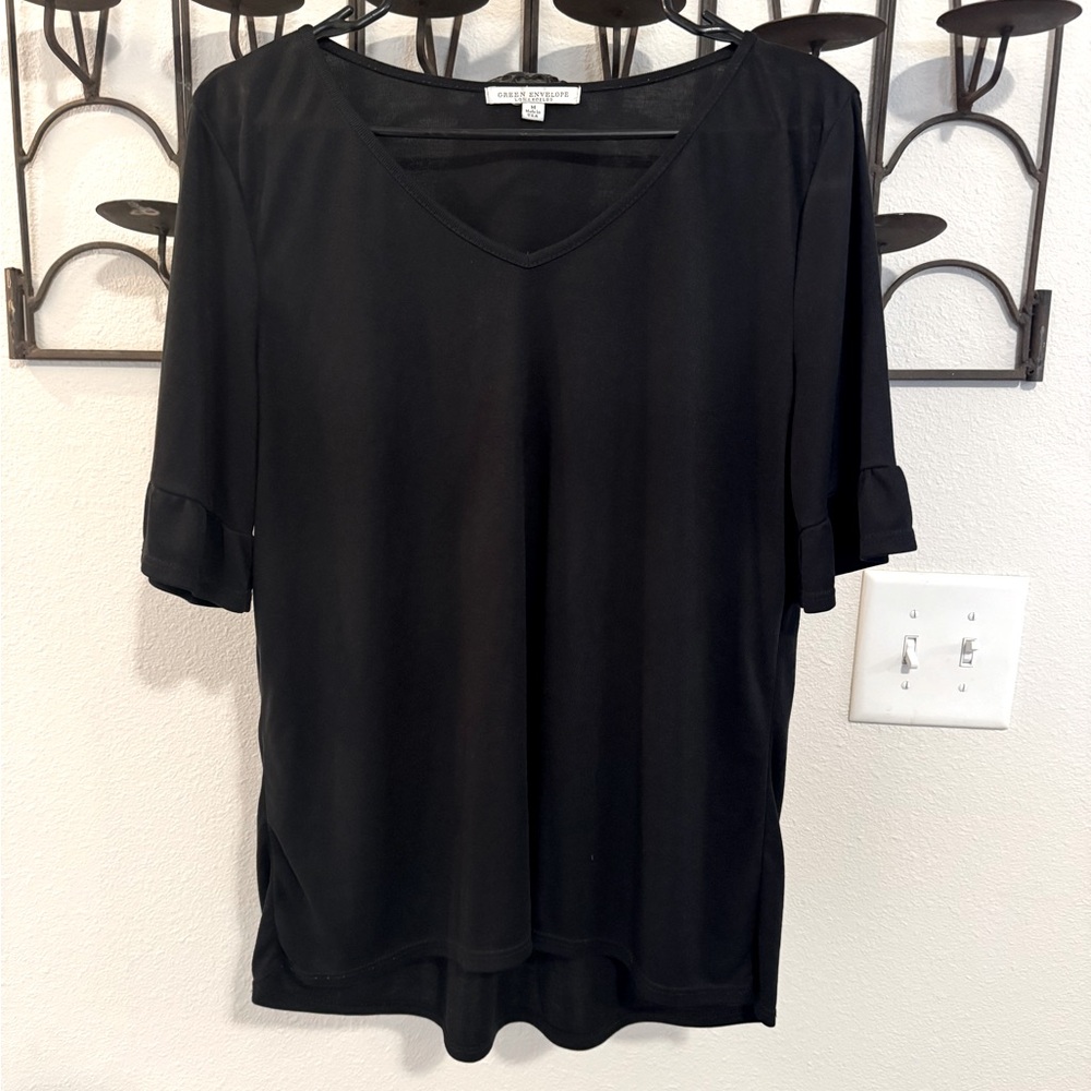 Black v-neck blouse with soft flutter sleeve